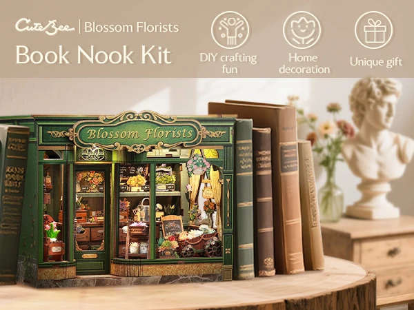 Original CUTEBEE 265pcs Blossom Florists Book Nook Kit DIY Miniature Flower House Dollhouse for Adults Booknook Tiny House Bookshelf Decor 3D Wooden Puzzle, DIY Craft Gifts for Family, Friends book nook kits for adults cute bee book nook kit