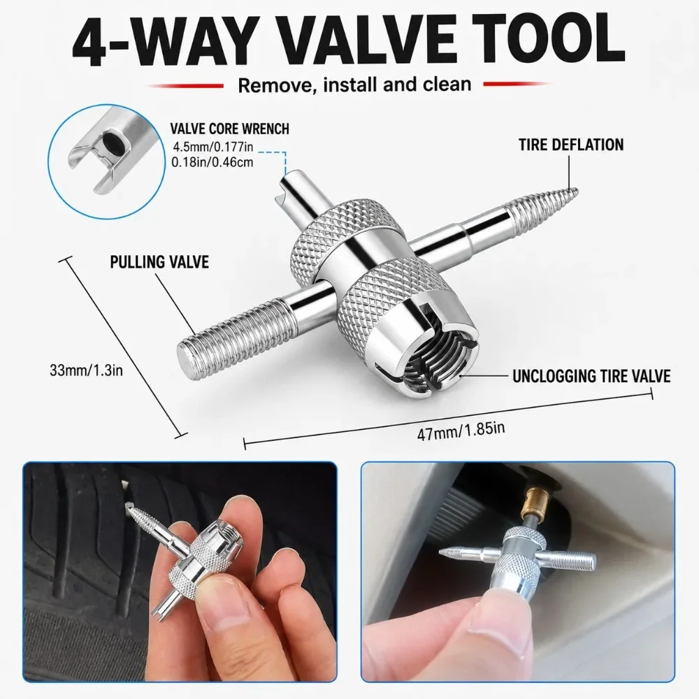 Heavy-Duty Tire Repair Kit with Valve Core Installer Portable Roadside Emergency Tire Patching Tools Suitable for Car, ATV, Puncture