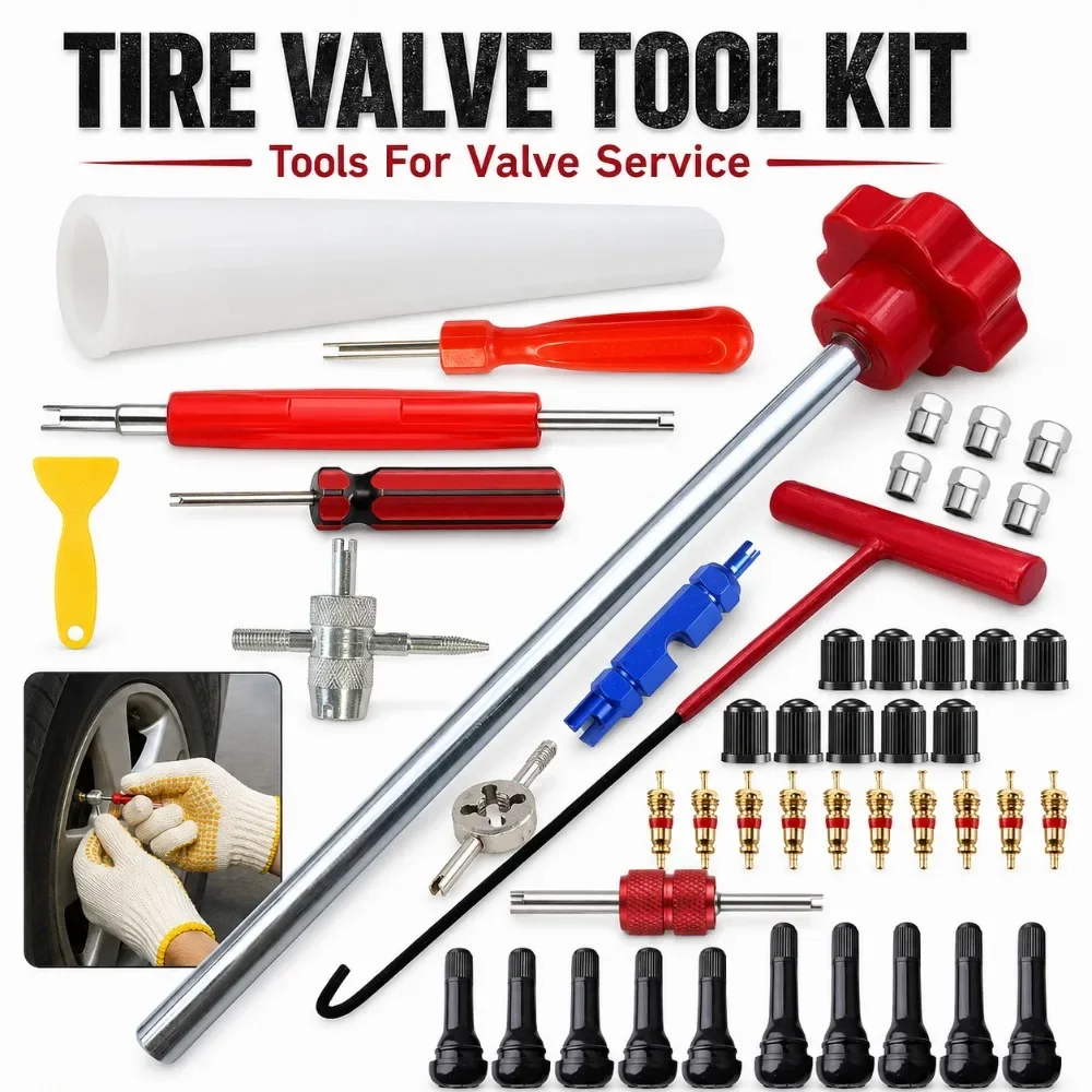 Heavy-Duty Tire Repair Kit with Valve Core Installer Portable Roadside Emergency Tire Patching Tools Suitable for Car, ATV, Puncture