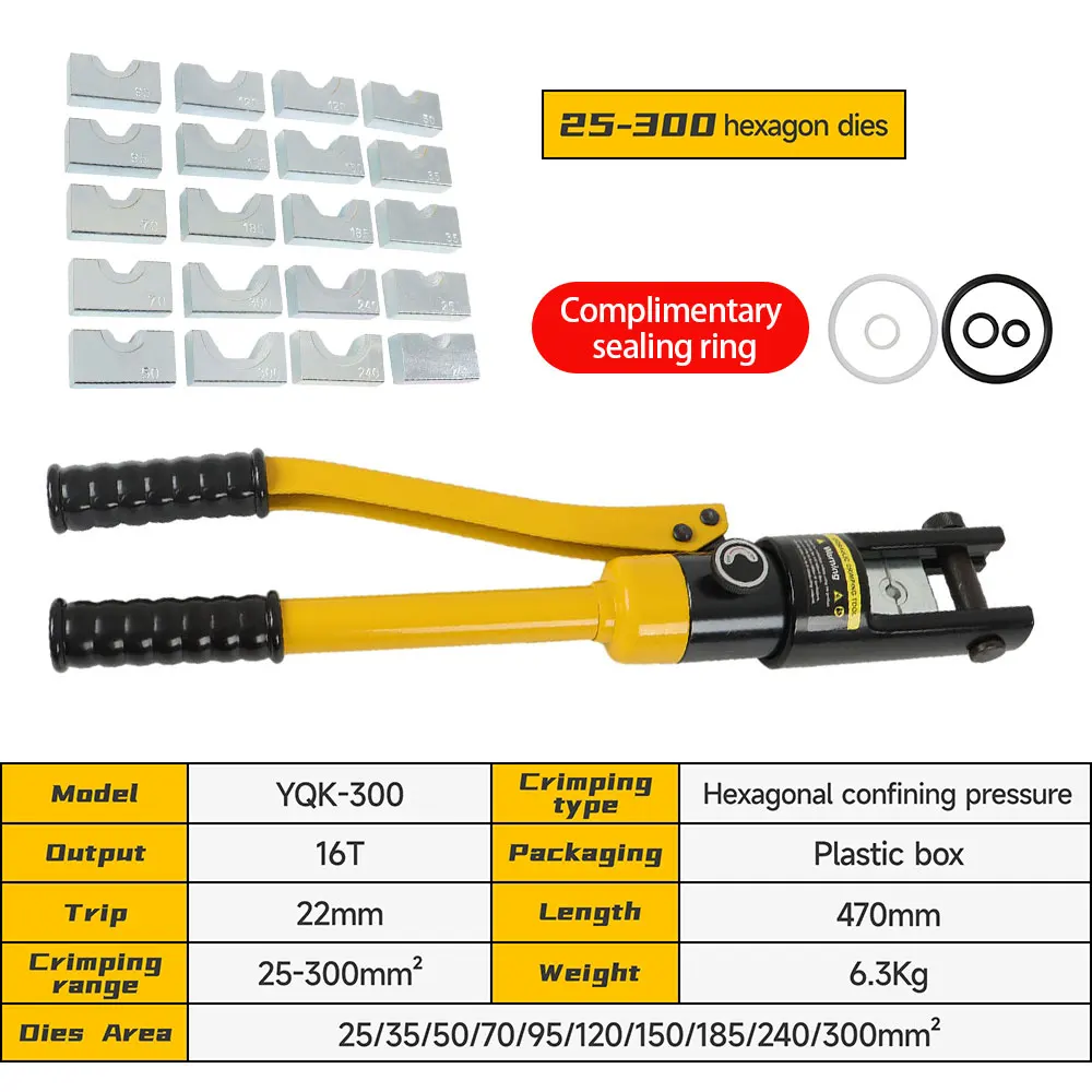16 Ton Hydraulic Wire Crimper Tool with 11 Dies YQK-300, 180° Rotatable Head for Tight Spaces, Hardened Steel Dies Auto Release, for Welding Cables, Power Wires, and Electrical Terminals