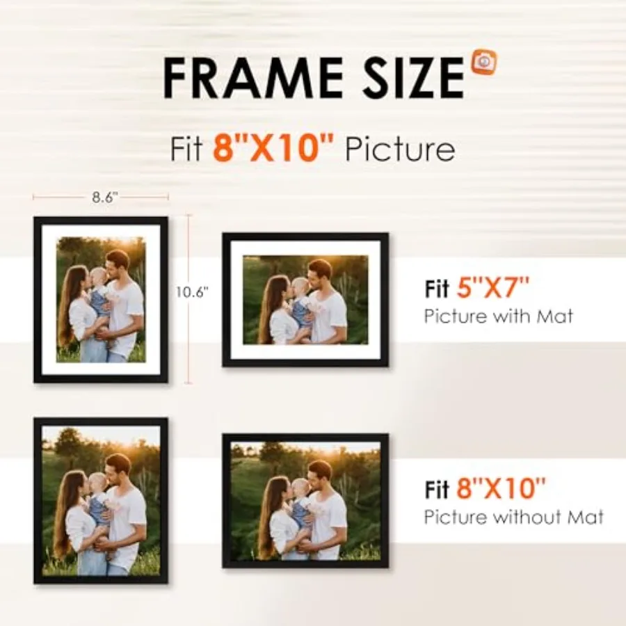 8X10 Picture Frame For Tabletop Or Wall Display, HD Plexiglass, Black, Lightweight And Shatter-Resistant, Fits 5X7 With Mat Or