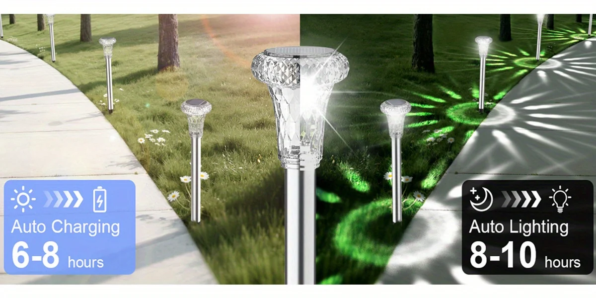 4pcs Outdoor Solar Stainless Steel Tube Garden Light, IP44 Waterproof, Compact And Practical, Diamond Pattern Solar Crystal Light Holder, Suitable For Garden, Lane, Garden Lighting Decoration (Warm Light/White Light)