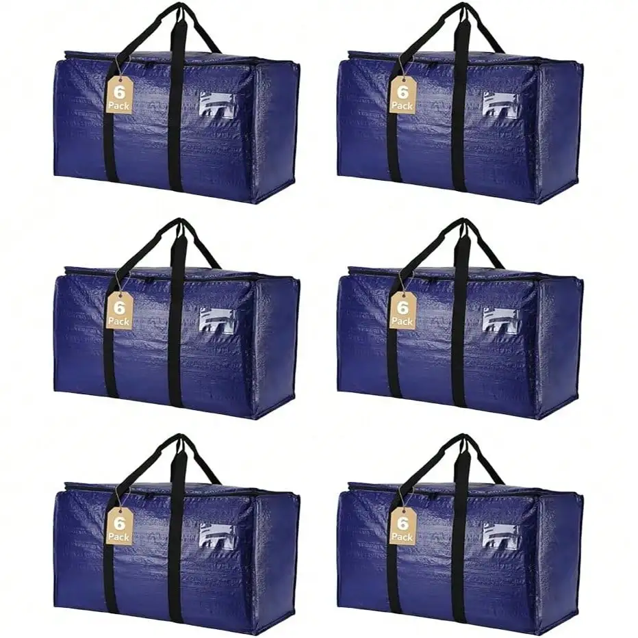 6‑Pack Heavy‑Duty Moving Bags, Extra‑Large Storage Totes with Zippers & Reinforced Sturdy Handles, Space‑Saving Packing Bags for Moving, Storage & Travel, Blue, College Dorm Essentials