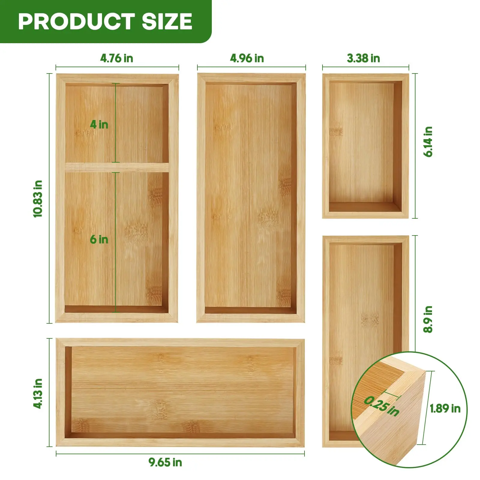Bamboo Drawer Organizer Set, Individual Wood Storage Organizers 5 PCS Multi-Use Junk Drawer Divider, Storage Trays Containers for Kitchen, Bathroom, Office Desk, Makeup, Jewelry, Utensils