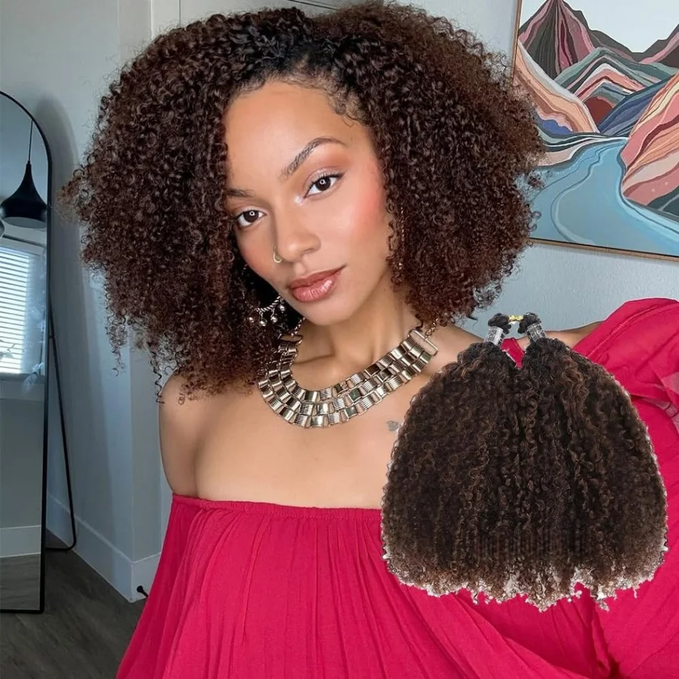 Chocolate Brown Kinky Curly Crochet Human Hair Extension Invisible Knots Pre Separated Water Wave Feather Crochet Braids Hair Deep Wave Hair Bundles