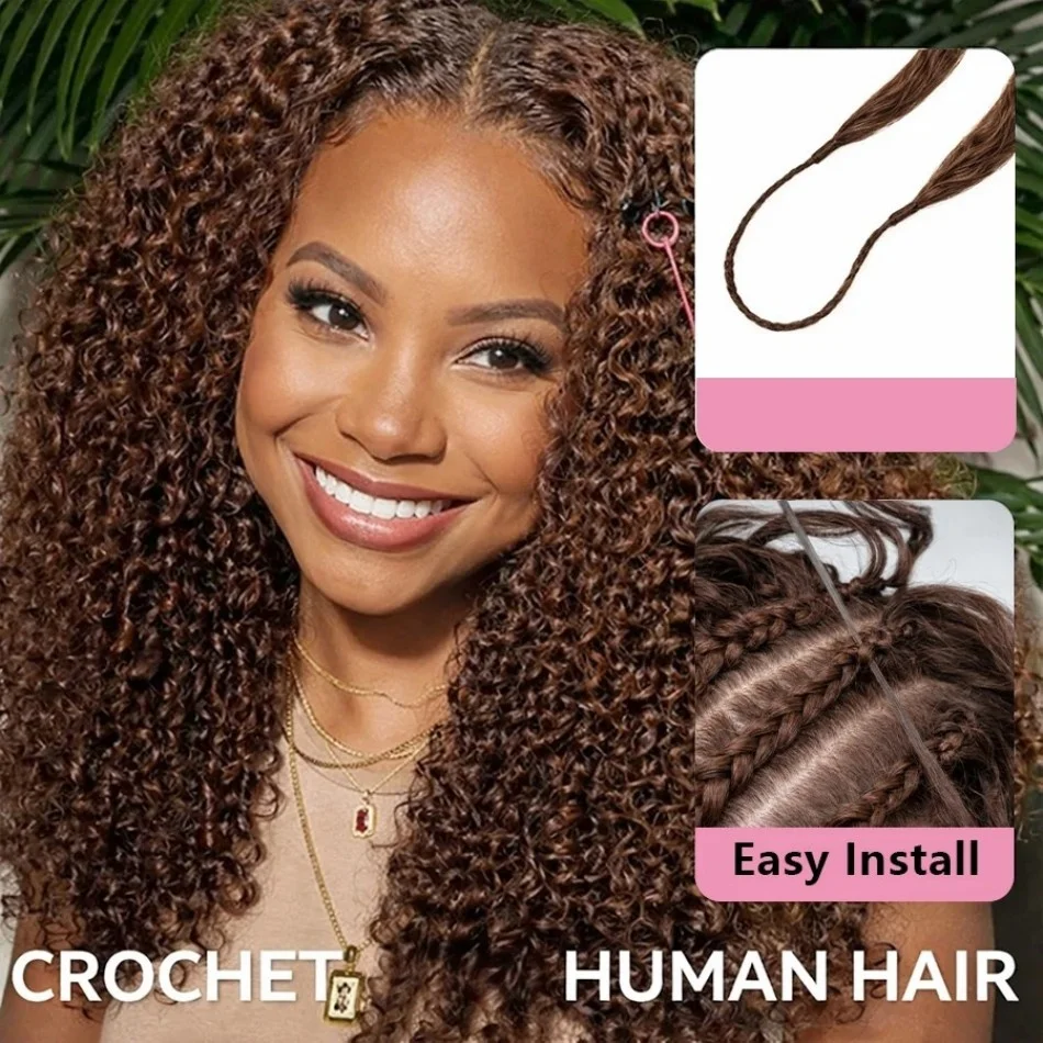 Chocolate Brown Kinky Curly Crochet Human Hair Extension Invisible Knots Pre Separated Water Wave Feather Crochet Braids Hair Deep Wave Hair Bundles