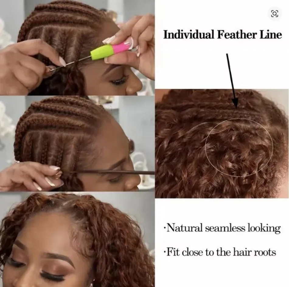 Chocolate Brown Kinky Curly Crochet Human Hair Extension Invisible Knots Pre Separated Water Wave Feather Crochet Braids Hair Deep Wave Hair Bundles