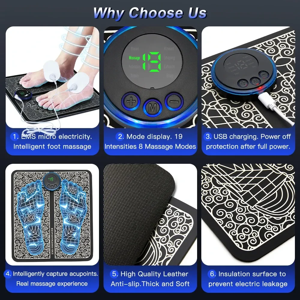 EMS Foot Massager Mat TENS & PMS Foot Stimulator – Electric Muscle Stimulator, Adjustable Intensity, Lightweight Design for Home, Travel, and Office Use, Rechargeable Leg Reshaping Muscle Pain Relax Massage Mat W-6 Modes 9 Intensity Levels