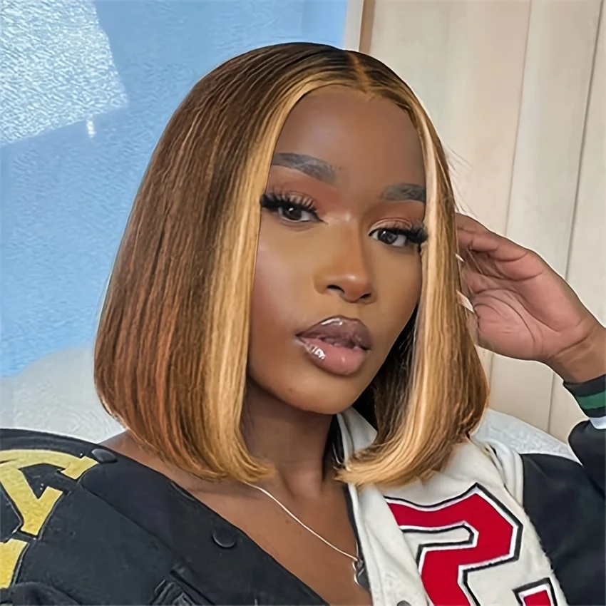 TIMOPOL 180% Density Straight Short Bob Human Hair Wig, Women’s 13x4 HD Transparent Lace Frontal, Trendy P4/27 Highlight Shade, Pre‑Plucked Hairline