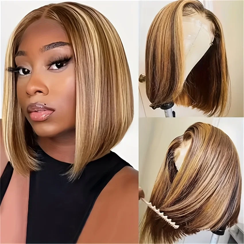 TIMOPOL 180% Density Straight Short Bob Human Hair Wig, Women’s 13x4 HD Transparent Lace Frontal, Trendy P4/27 Highlight Shade, Pre‑Plucked Hairline