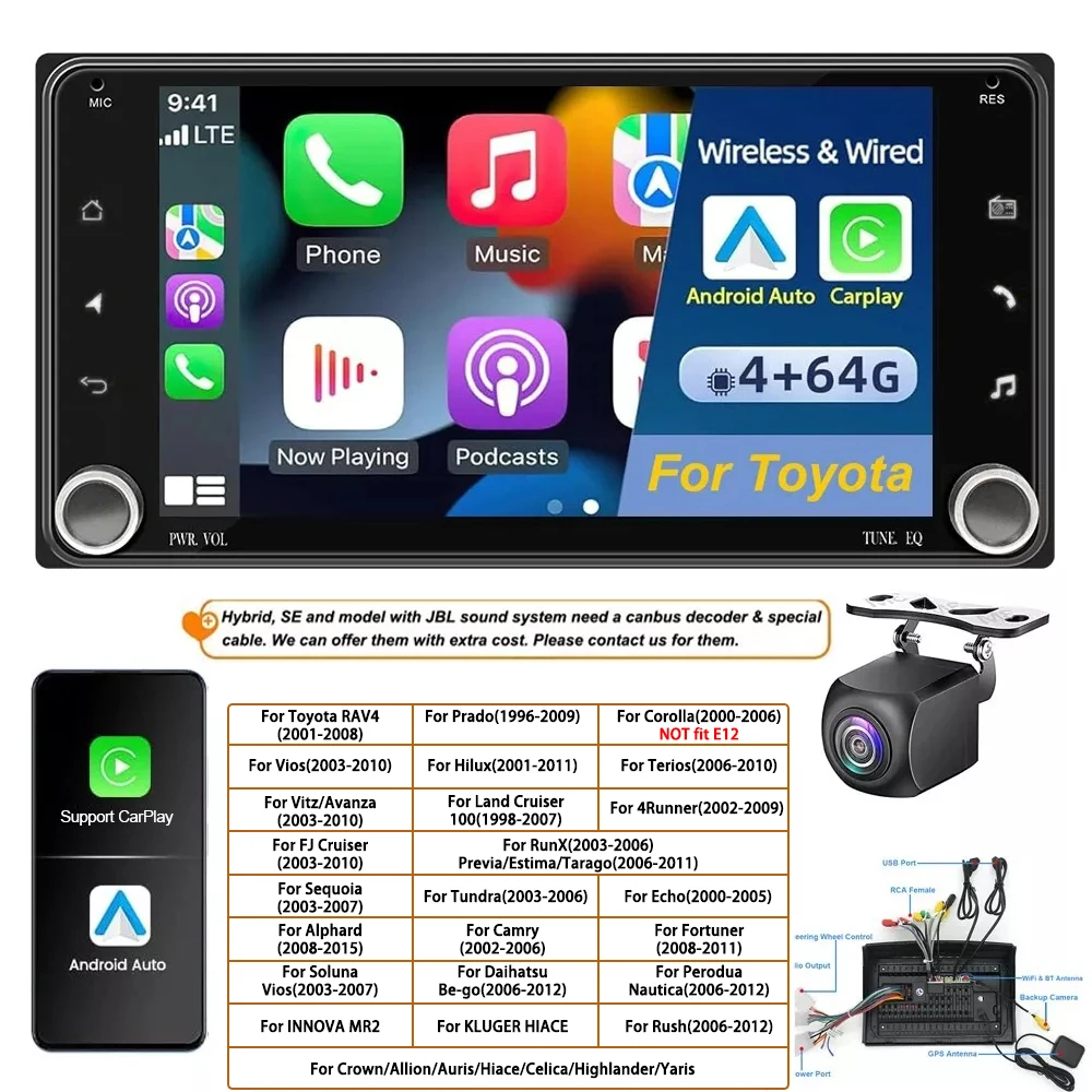 Android 13 Player Dual Knob Car Radio Stereo GPS Navigation with CarPlay/Android Auto 7 Inch Bluetooth Player Compatible for 4Runner 2003-2009 Allion 2001-Onwards Alphard 2002-2015
