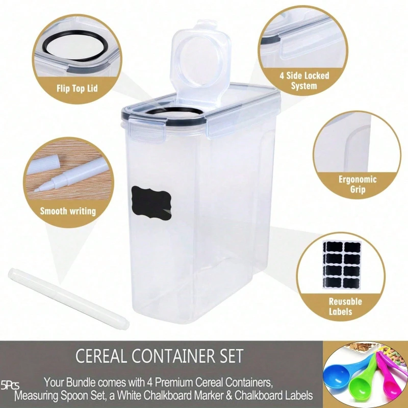 4 Pack Airtight Cereal Dry Food Storage Containers Kitchen Pantry for Flour Sugar Rice Nuts Snacks 4L