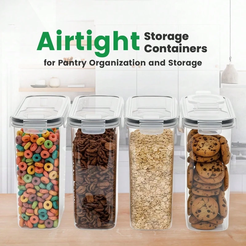 4 Pack Airtight Cereal Dry Food Storage Containers Kitchen Pantry for Flour Sugar Rice Nuts Snacks 4L