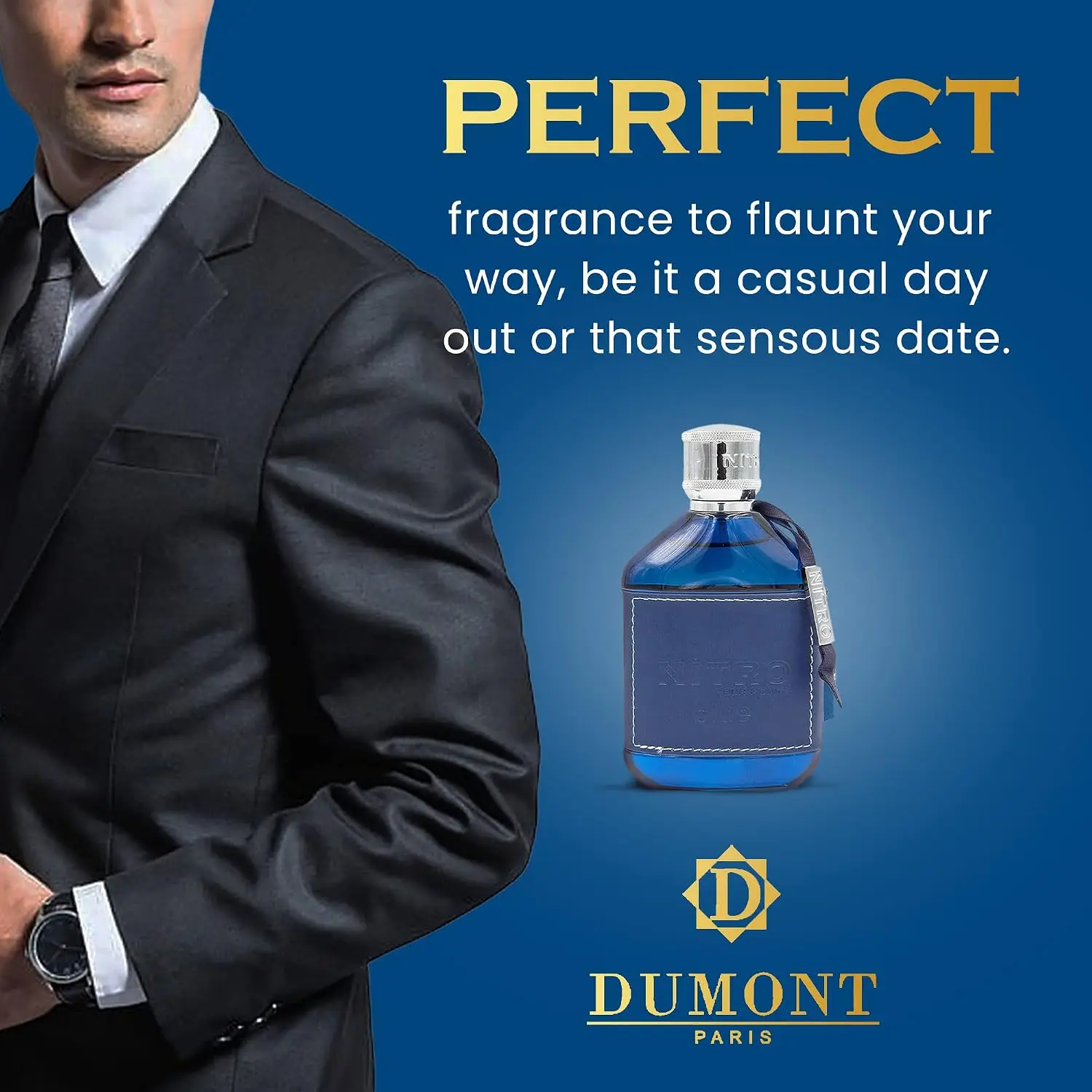 Men Dumont Nitro Blue Pour Homme Eau De Parfum 100ml, Premium Blue Leather Wrapped Bottle, Long‑Lasting Fresh Woody Aquatic Scent For Daily Wear & Gifting