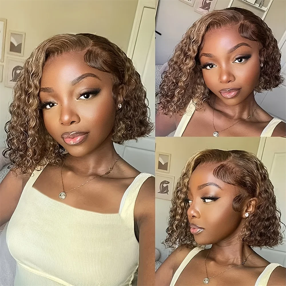TIMOPOL 200% Density Brazilian Short Bob Wig, 13x4 Lace Frontal Human Hair Wig, P4/27 Highlight Jerry Curly Texture, Pre‑Plucked Hairline for Women