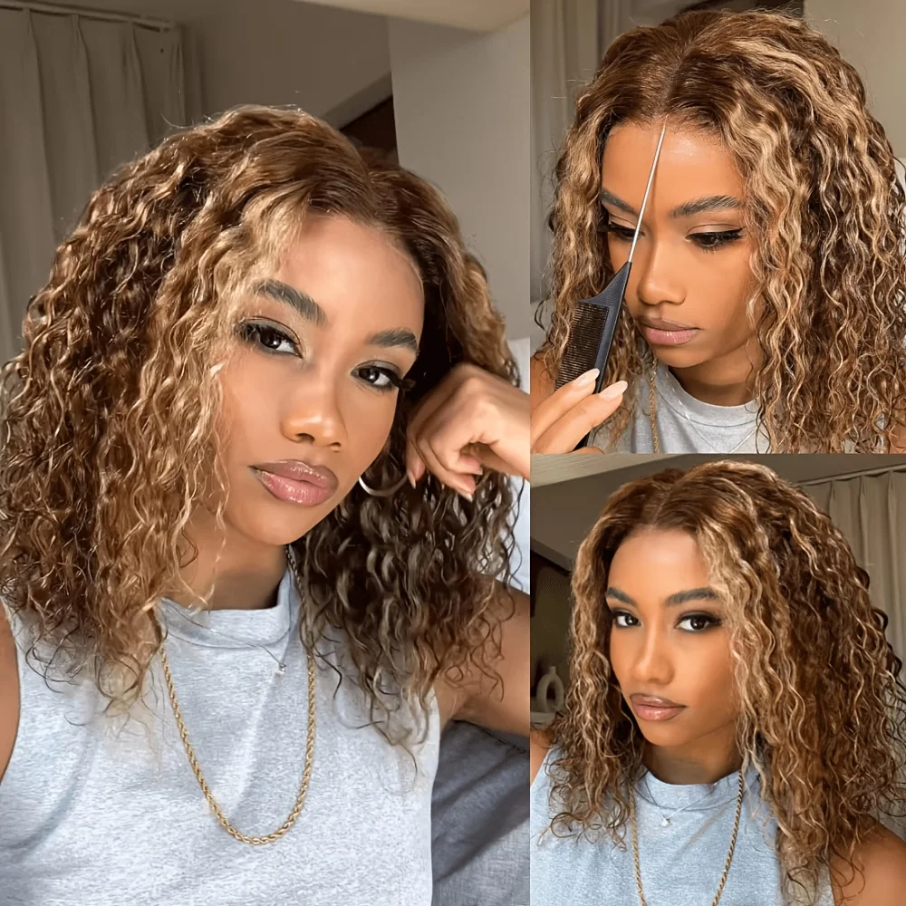 TIMOPOL 200% Density Brazilian Short Bob Wig, 13x4 Lace Frontal Human Hair Wig, P4/27 Highlight Jerry Curly Texture, Pre‑Plucked Hairline for Women