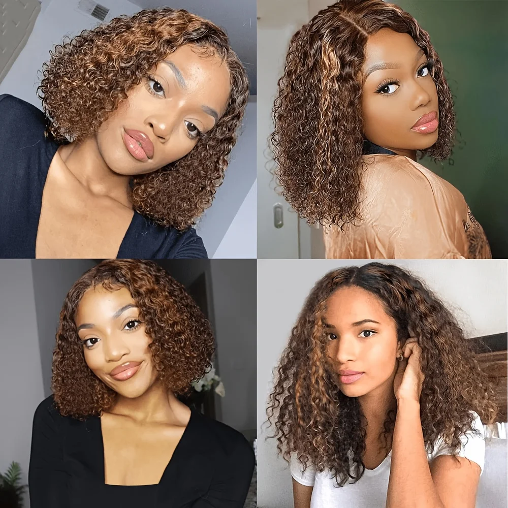 TIMOPOL 200% Density Brazilian Short Bob Wig, 13x4 Lace Frontal Human Hair Wig, P4/27 Highlight Jerry Curly Texture, Pre‑Plucked Hairline for Women