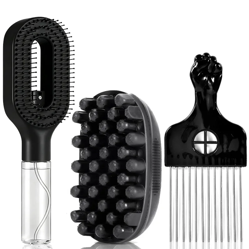 3Pcs Multi‑function Hair Styling Comb Kit Spray Detangler Brush Scalp Massage Cushion Brush Afro Hair Pick for Men Women