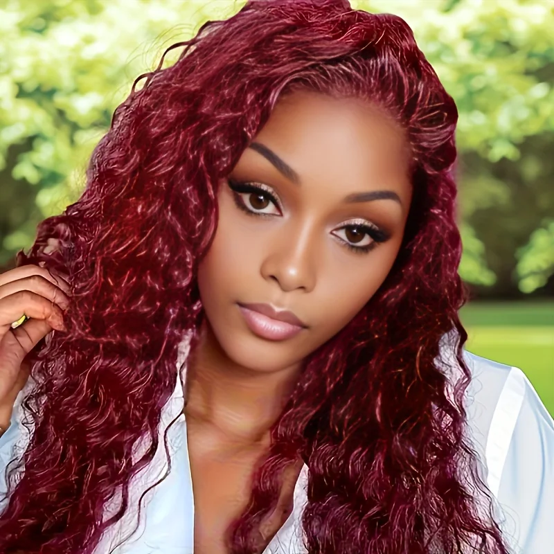 TIMOPOL 180% Density Glueless Jerry Curly Human Hair Wig, Women’s 13x4 HD Transparent Lace Frontal, Rich 99J Burgundy Wine‑Red Tone, Pre‑Plucked Hairline