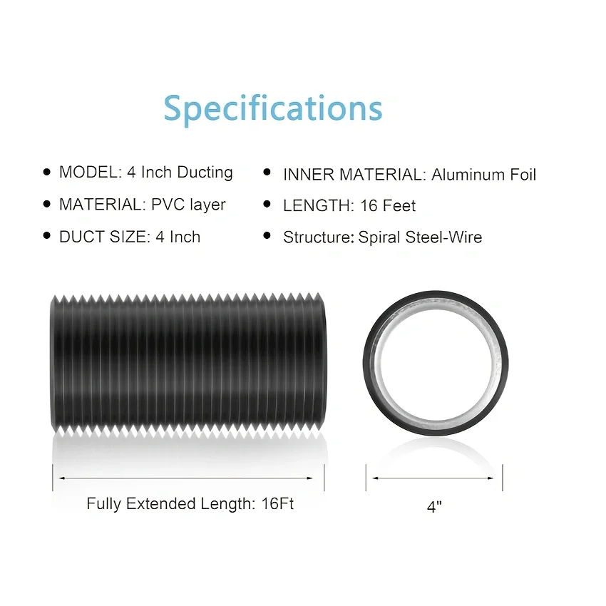 4 Inch X 16 Ft Aluminum Foil Insulated Flexible Duct, Dryer Vent Hose for HVAC Ventilation & Duct Fan Systems, Includes 2 Clamps