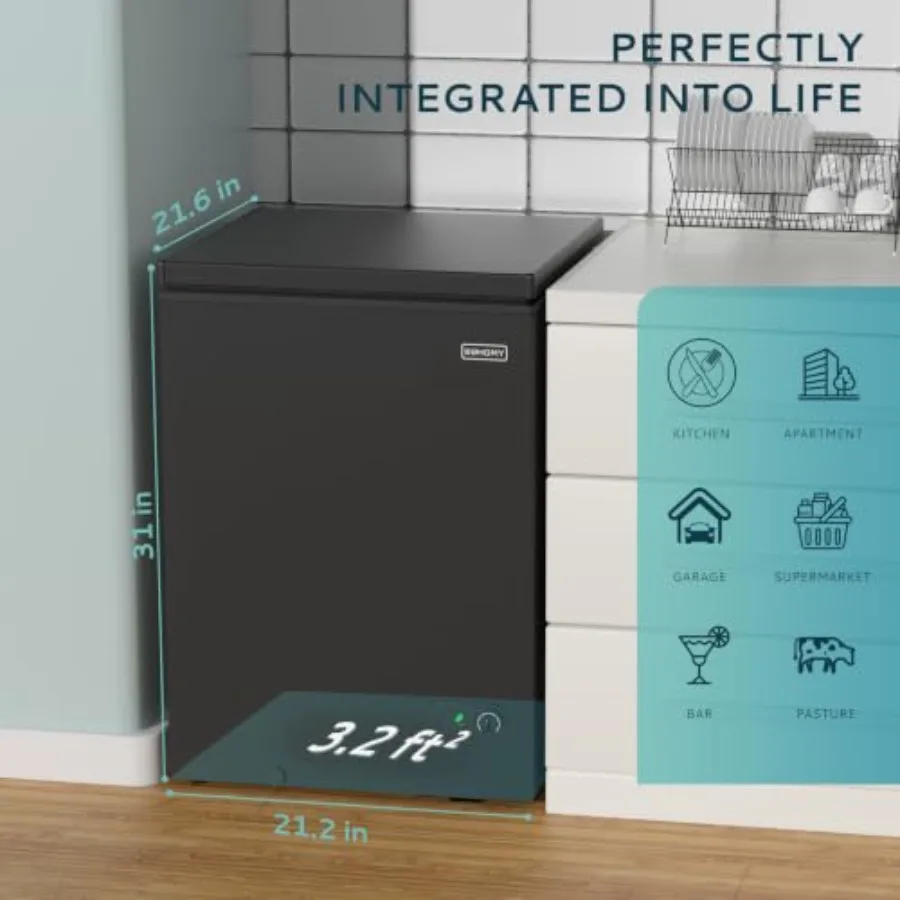 Chest Freezer with Wheels for Home Use, Black Steel, Smooth Top Door Design, Easy Mobility and Space-Saving Storage