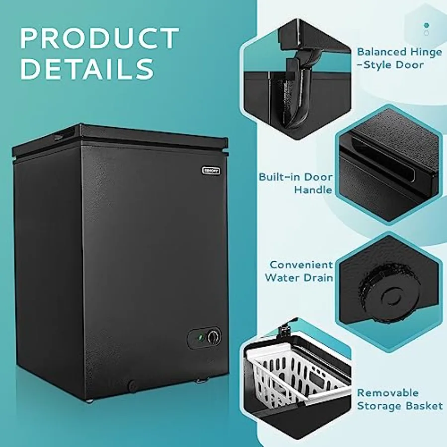 Chest Freezer with Wheels for Home Use, Black Steel, Smooth Top Door Design, Easy Mobility and Space-Saving Storage
