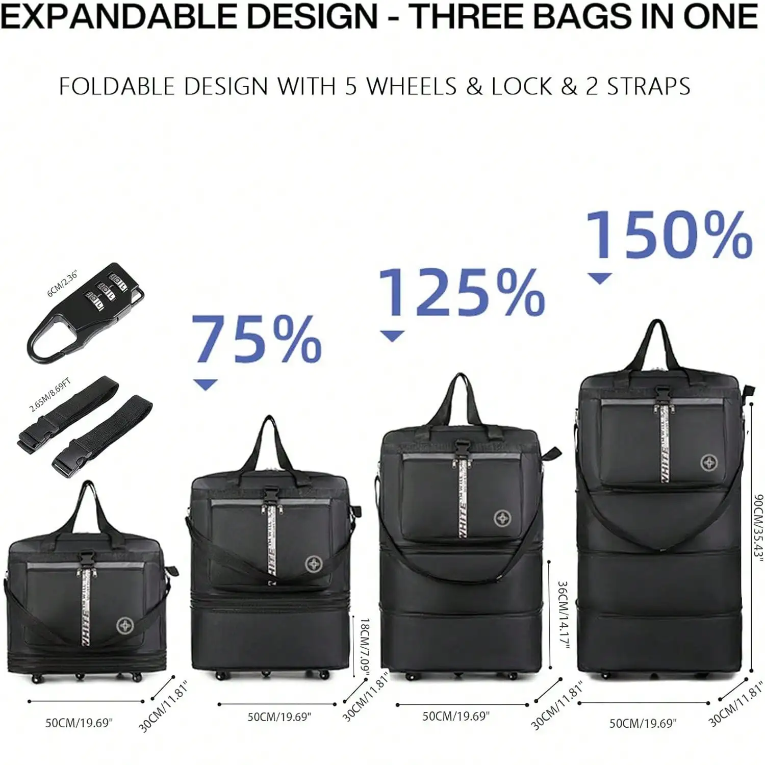 42 Inch Expandable Large Travel Duffel Bag With 5 360° Spinner Wheels & Lock & 2 Straps- Oxford Waterproof Foldable Suitcase Collapsible Luggage