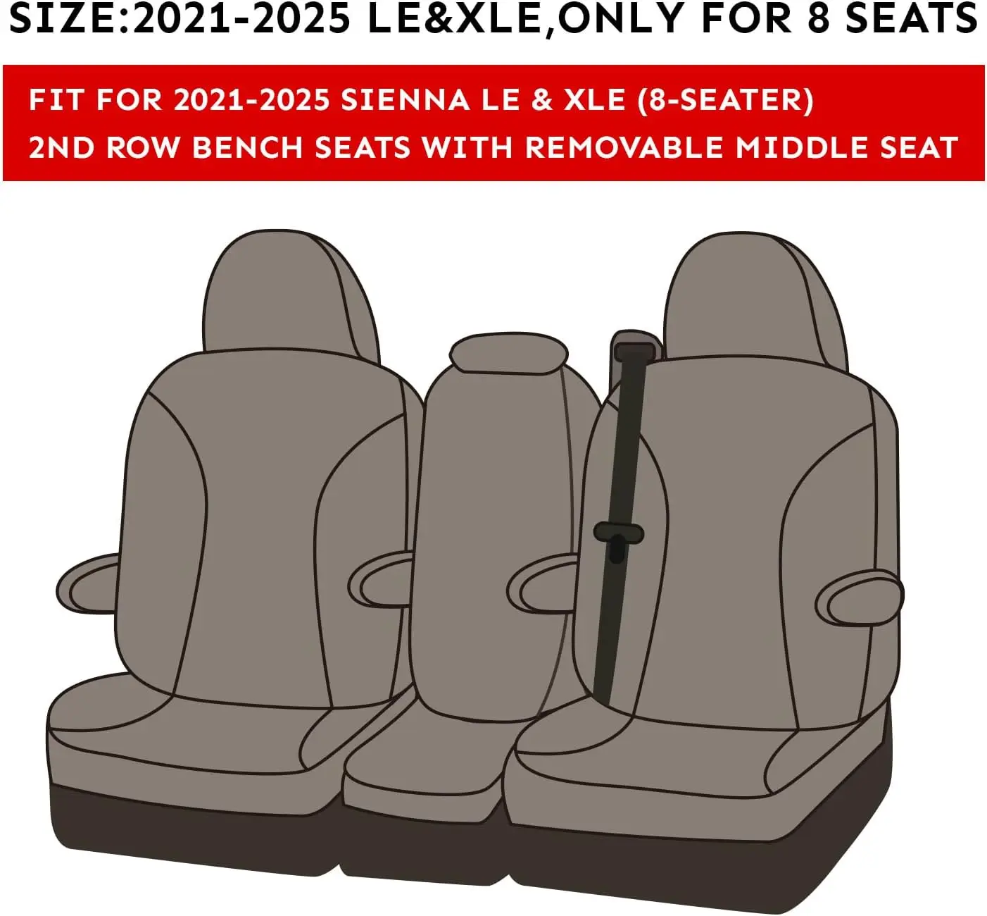 Coverdream Sienna Custom Fit Car Seat Covers for Toyota Sienna 2021-2026 LE XLE 8 Seats 2nd Row 4/2/4 Split & 2021-2026 XLE/XSE/Limited/Platinum 7 Seat 2nd Row Captain Seats Waterproof Full Set Seat Protector Seat Covers