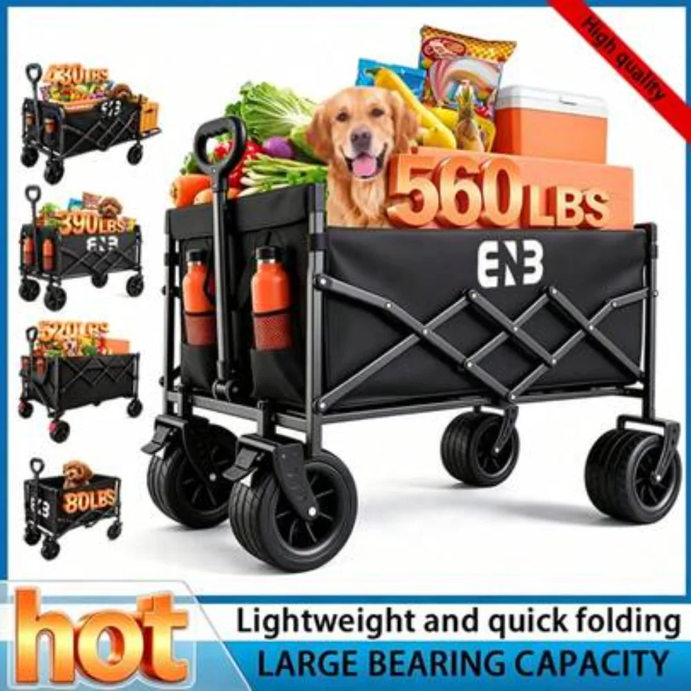 860/450/330/220LBS Heavy Duty All Terrain Folding Wagon Cart with 800D Oxford Fabric Removable Canopy, Adjustable Handle, 360 Degree Swivel Wheels, Large Capacity Collapsible Utility Cart for Shopping Camping Beach Garden Sports, No Assembly Required