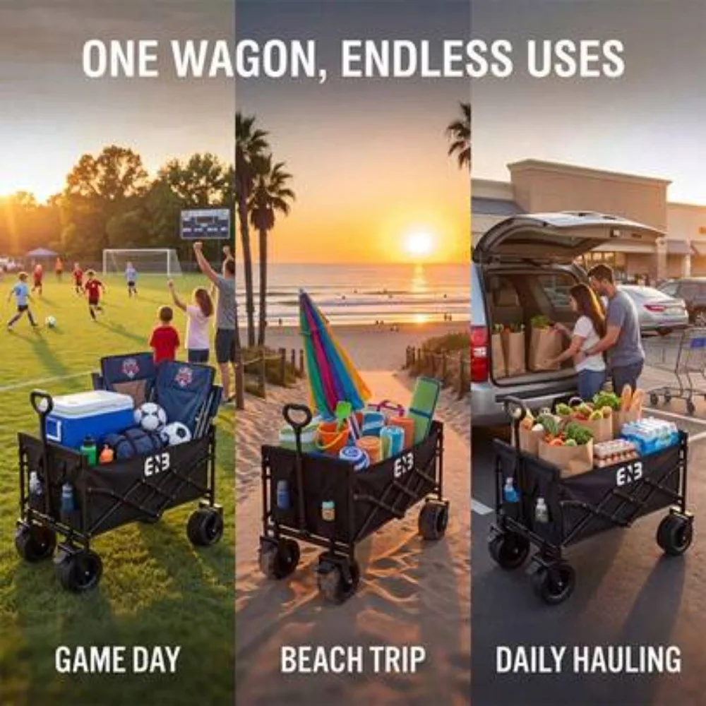 860/450/330/220LBS Heavy Duty All Terrain Folding Wagon Cart with 800D Oxford Fabric Removable Canopy, Adjustable Handle, 360 Degree Swivel Wheels, Large Capacity Collapsible Utility Cart for Shopping Camping Beach Garden Sports, No Assembly Required