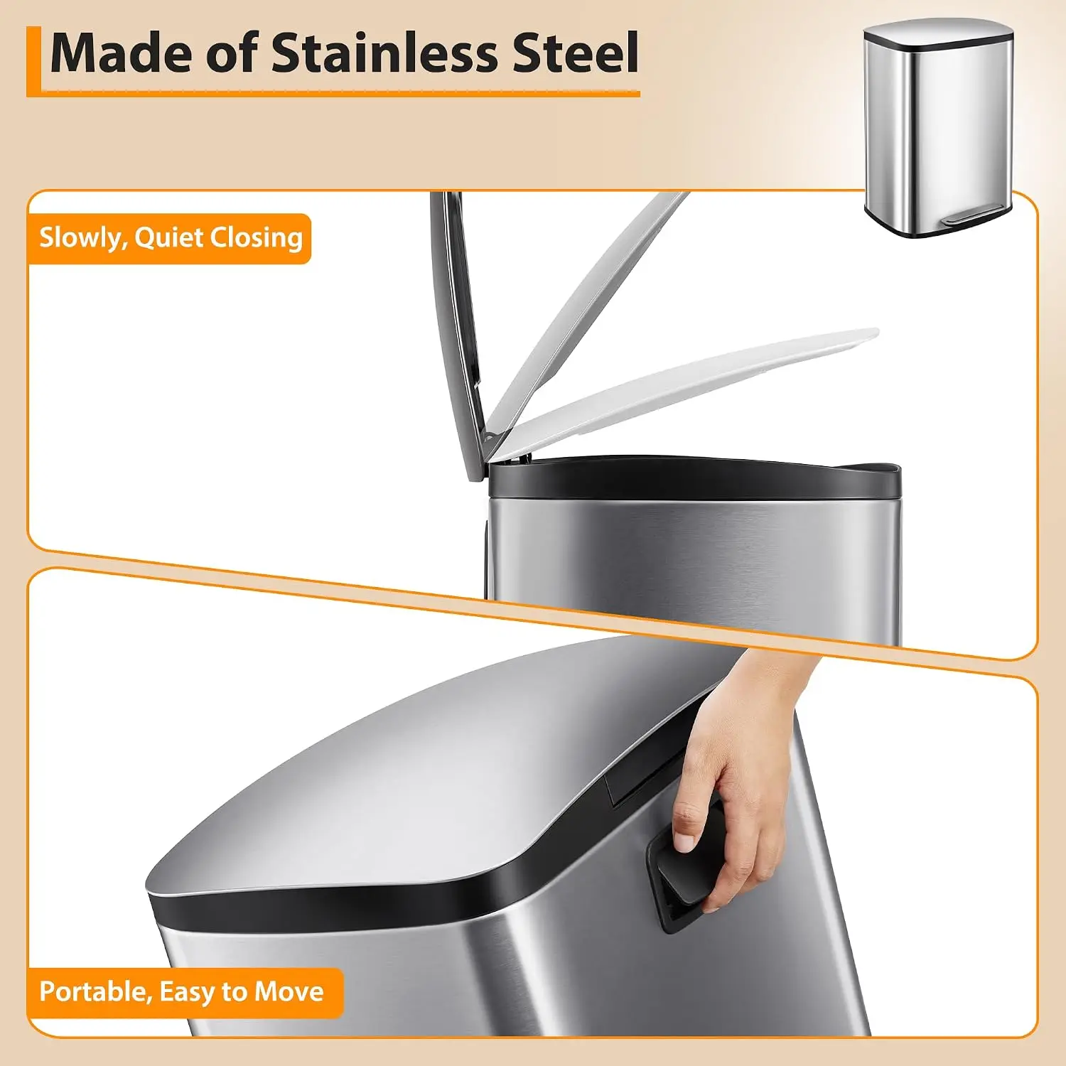 13.2 Gallon Stainless Steel Trash Can,50L Kitchen Garbage Can with Soft-Close Lid & Removable Inner Bucket,Hands-Free Rubbish Bins for Bathroom,Living Room,Office