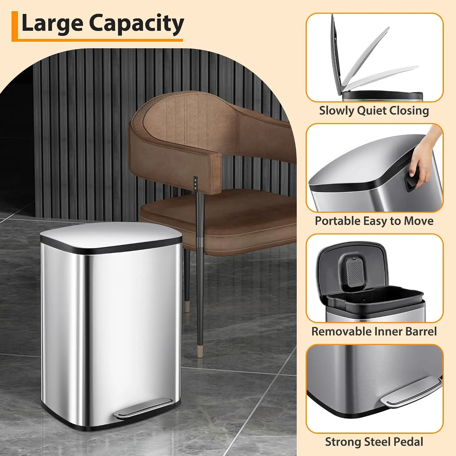 13.2 Gallon Stainless Steel Trash Can,50L Kitchen Garbage Can with Soft-Close Lid & Removable Inner Bucket,Hands-Free Rubbish Bins for Bathroom,Living Room,Office