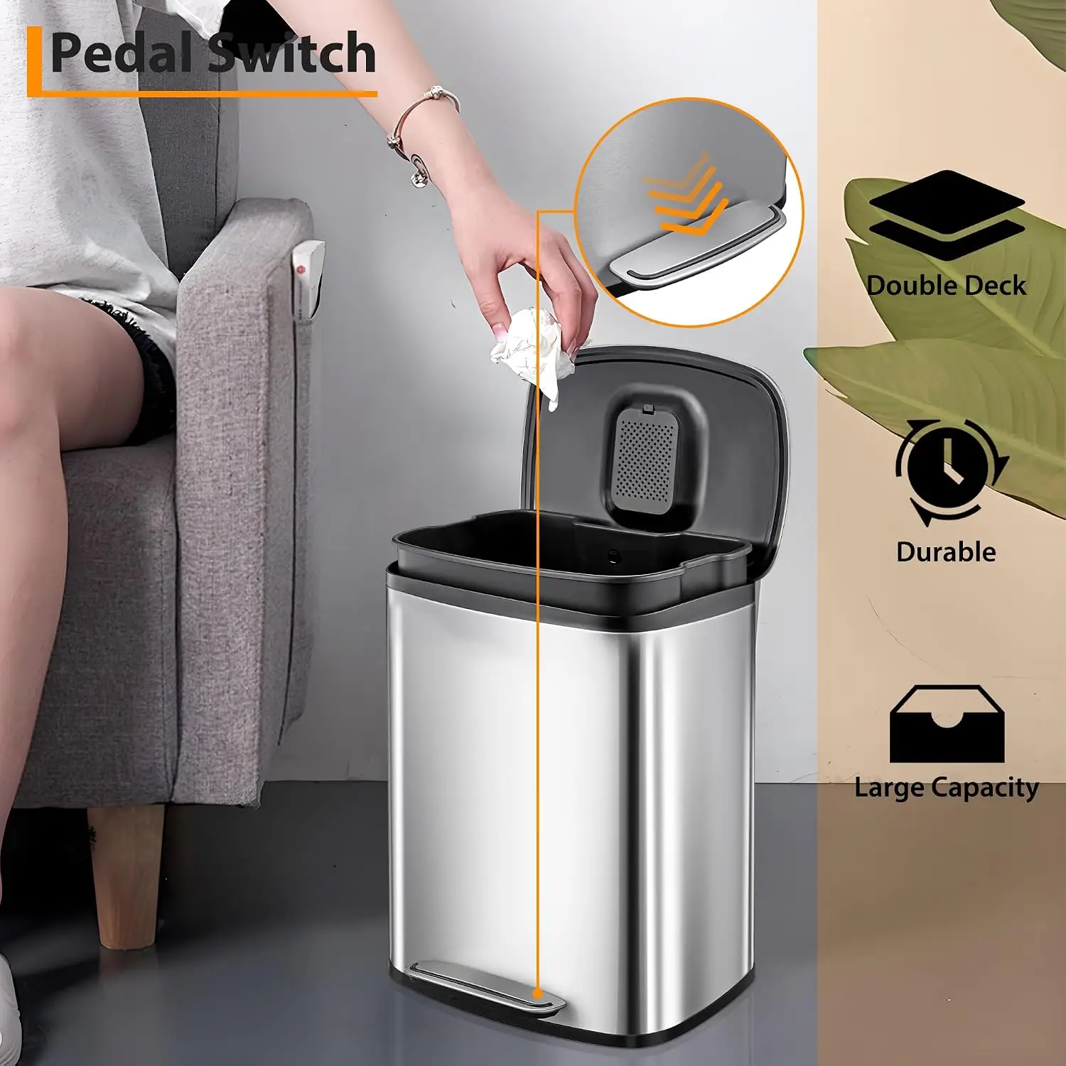 13.2 Gallon Stainless Steel Trash Can,50L Kitchen Garbage Can with Soft-Close Lid & Removable Inner Bucket,Hands-Free Rubbish Bins for Bathroom,Living Room,Office