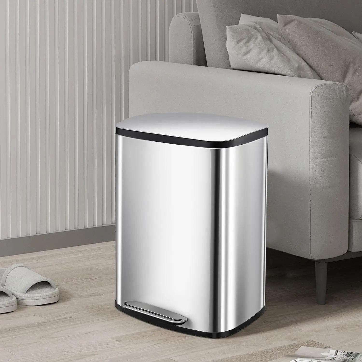 13.2 Gallon Stainless Steel Trash Can,50L Kitchen Garbage Can with Soft-Close Lid & Removable Inner Bucket,Hands-Free Rubbish Bins for Bathroom,Living Room,Office