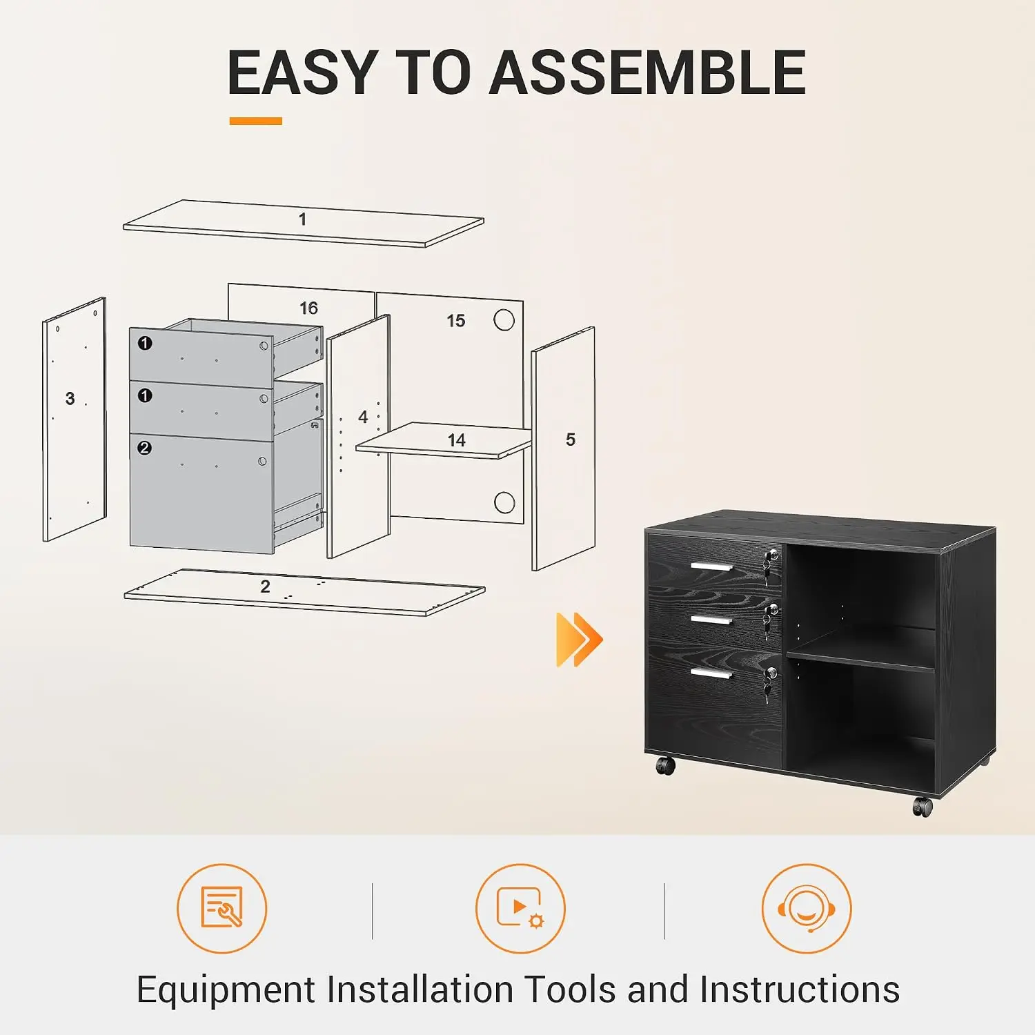 3-Drawer File Cabinet with Lock, Mobile Wood Filing Cabinet, Black Rolling Printer Stand, Office Cabinet, Open Storage Shelves, Letter & A4 Compatible, Home Office, Under Desk Storage