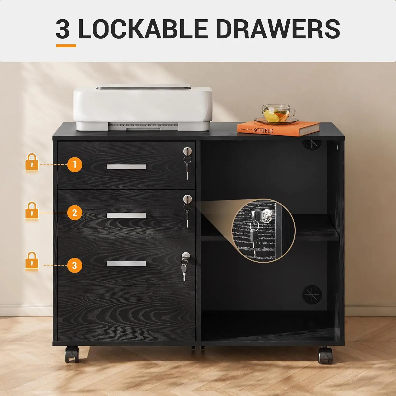 3-Drawer File Cabinet with Lock, Mobile Wood Filing Cabinet, Black Rolling Printer Stand, Office Cabinet, Open Storage Shelves, Letter & A4 Compatible, Home Office, Under Desk Storage