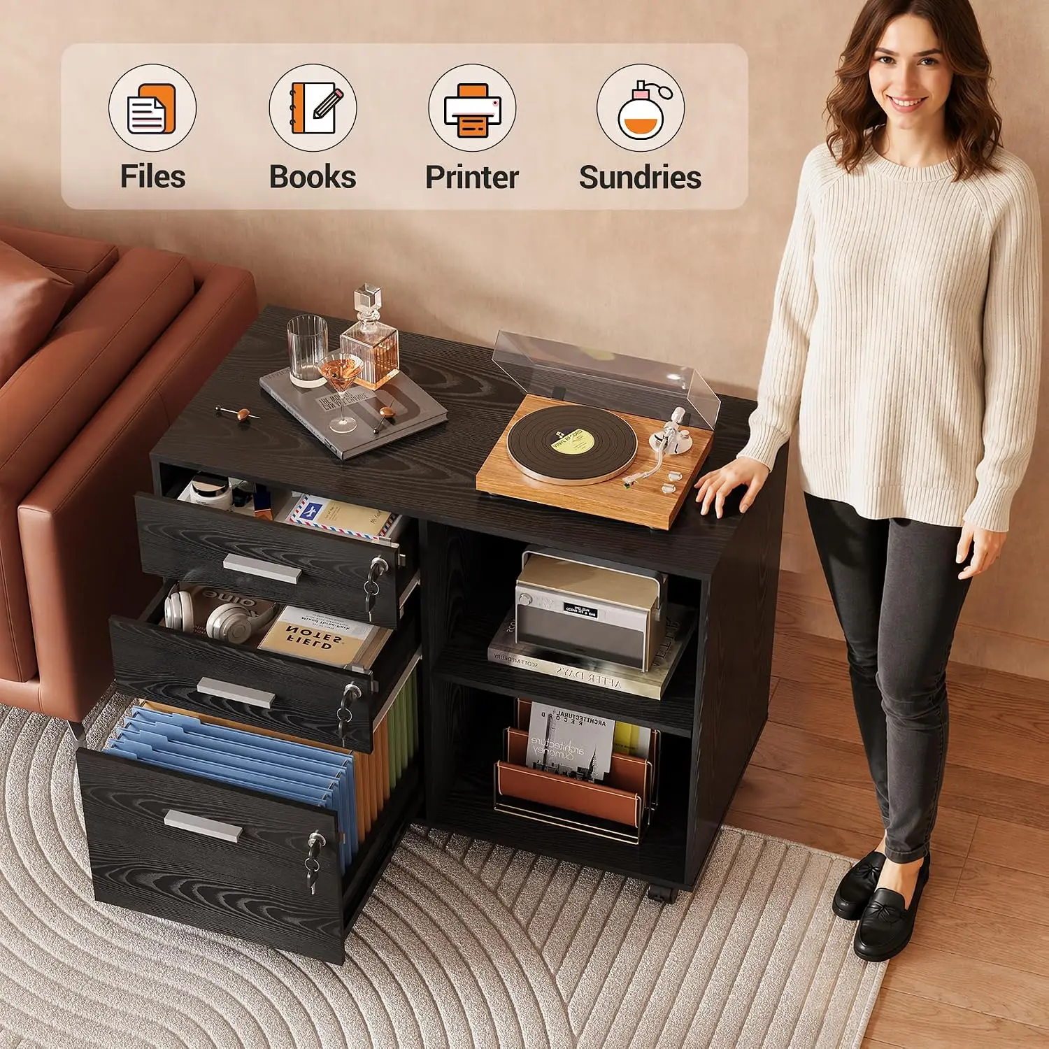 3-Drawer File Cabinet with Lock, Mobile Wood Filing Cabinet, Black Rolling Printer Stand, Office Cabinet, Open Storage Shelves, Letter & A4 Compatible, Home Office, Under Desk Storage