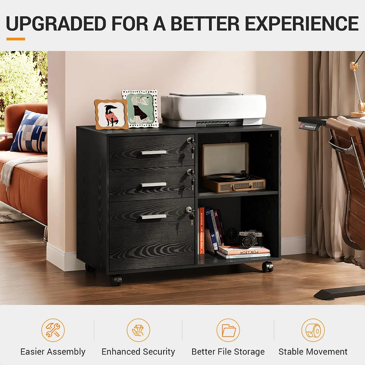 3-Drawer File Cabinet with Lock, Mobile Wood Filing Cabinet, Black Rolling Printer Stand, Office Cabinet, Open Storage Shelves, Letter & A4 Compatible, Home Office, Under Desk Storage
