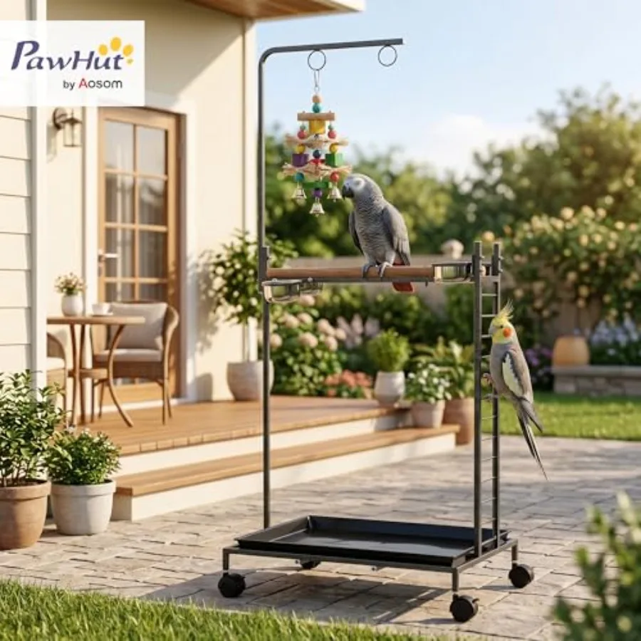 Bird Stand Parrot Stand with Wheels Wooden Perch Ladder Dark Gray for Indoor Avian Use