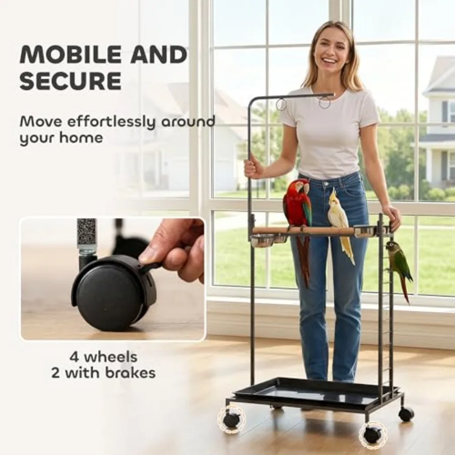 Bird Stand Parrot Stand with Wheels Wooden Perch Ladder Dark Gray for Indoor Avian Use