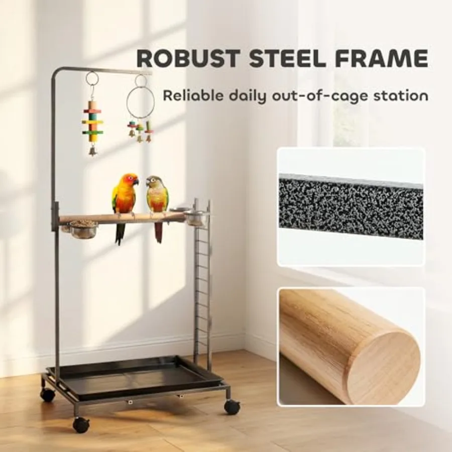 Bird Stand Parrot Stand with Wheels Wooden Perch Ladder Dark Gray for Indoor Avian Use
