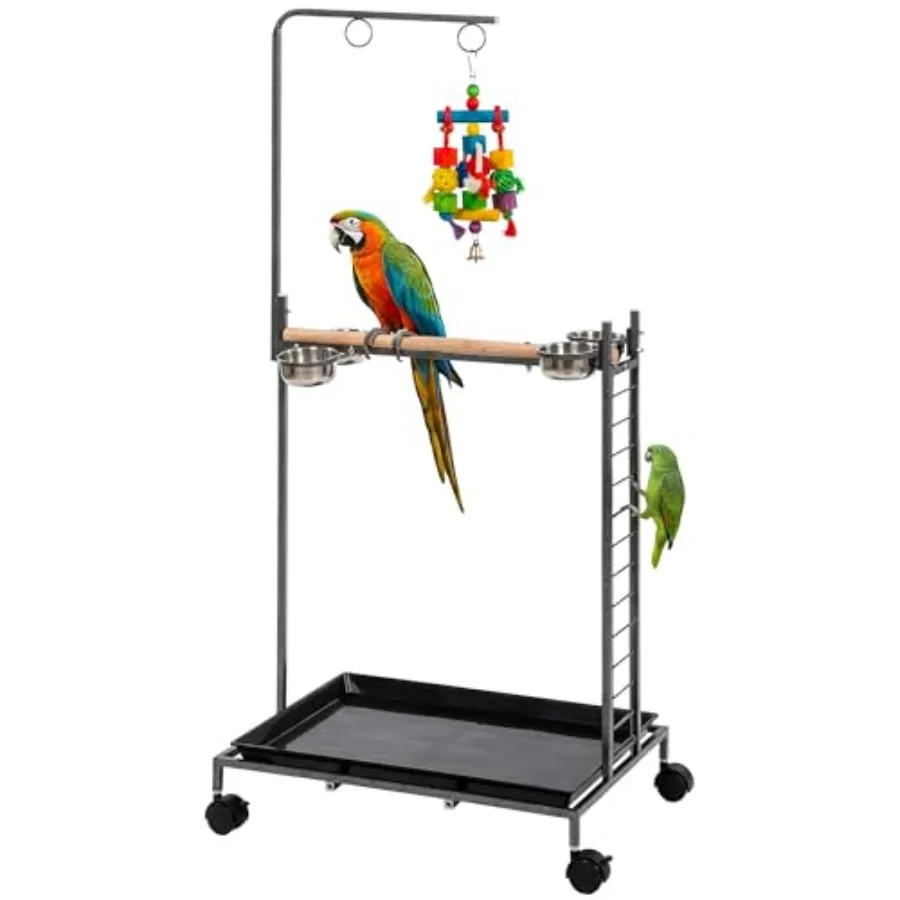 Bird Stand Parrot Stand with Wheels Wooden Perch Ladder Dark Gray for Indoor Avian Use