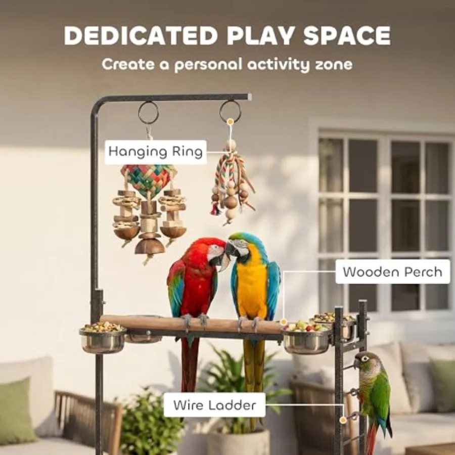 Bird Stand Parrot Stand with Wheels Wooden Perch Ladder Dark Gray for Indoor Avian Use