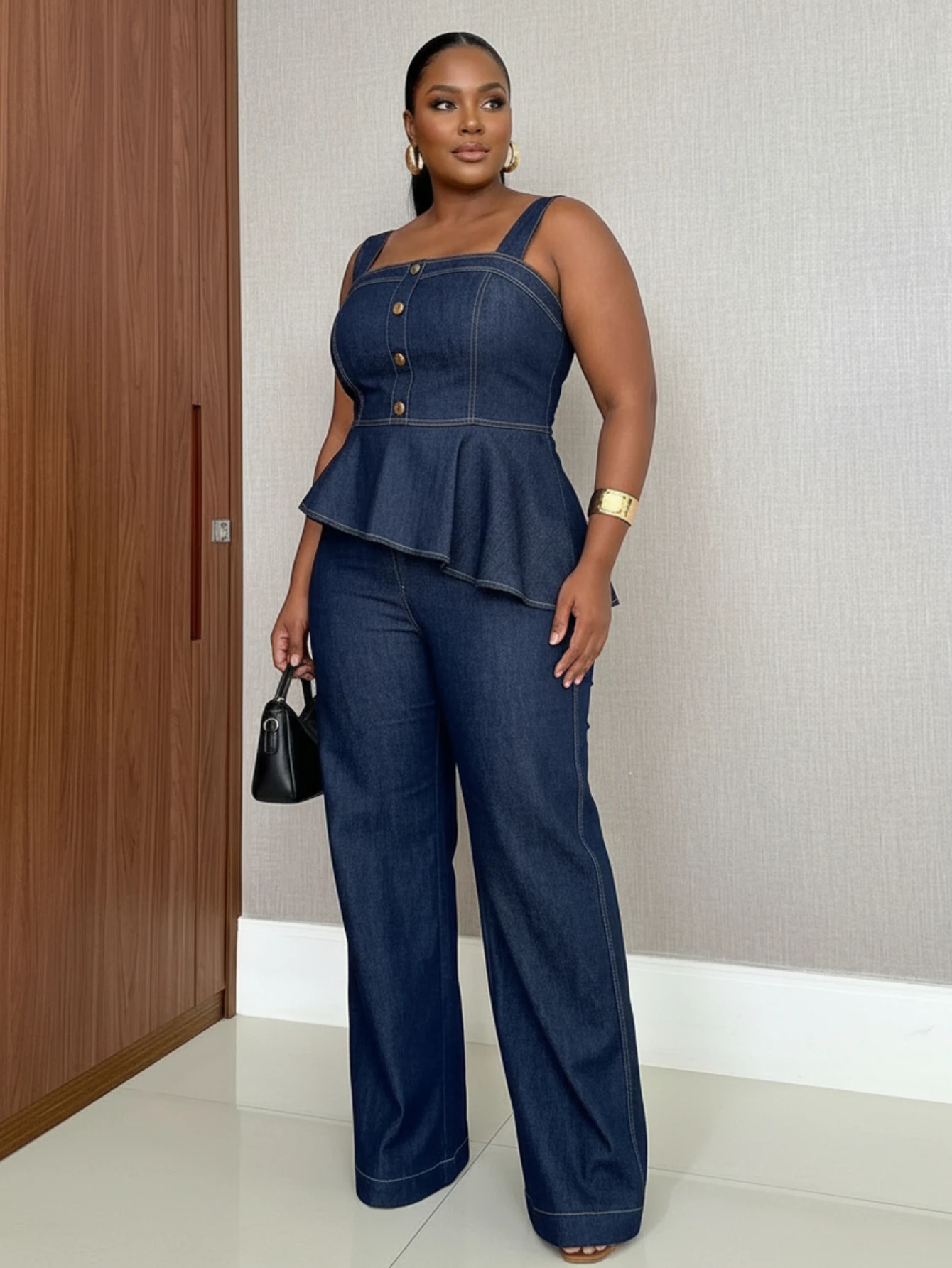Women Plus Size Square Neck Peplum Top And Wide Leg Pants Set Sleeveless Button Decor Outfit For Daily Casual Occasion