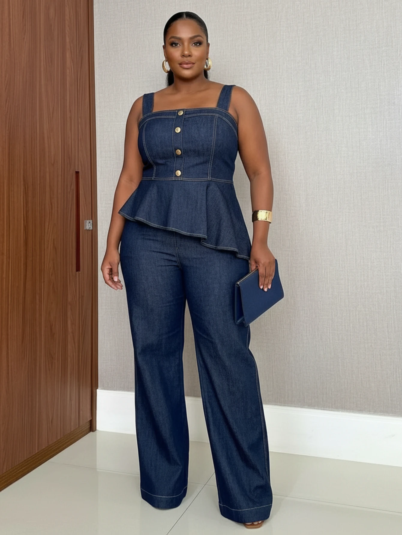 Women Plus Size Square Neck Peplum Top And Wide Leg Pants Set Sleeveless Button Decor Outfit For Daily Casual Occasion
