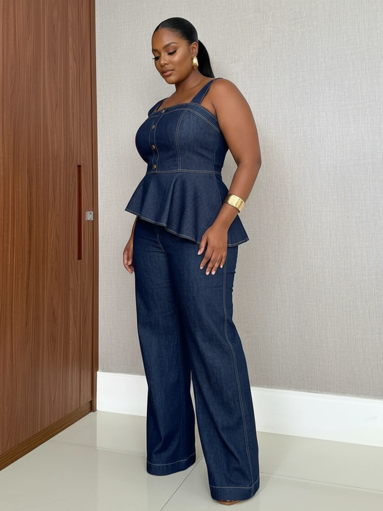 Women Plus Size Square Neck Peplum Top And Wide Leg Pants Set Sleeveless Button Decor Outfit For Daily Casual Occasion