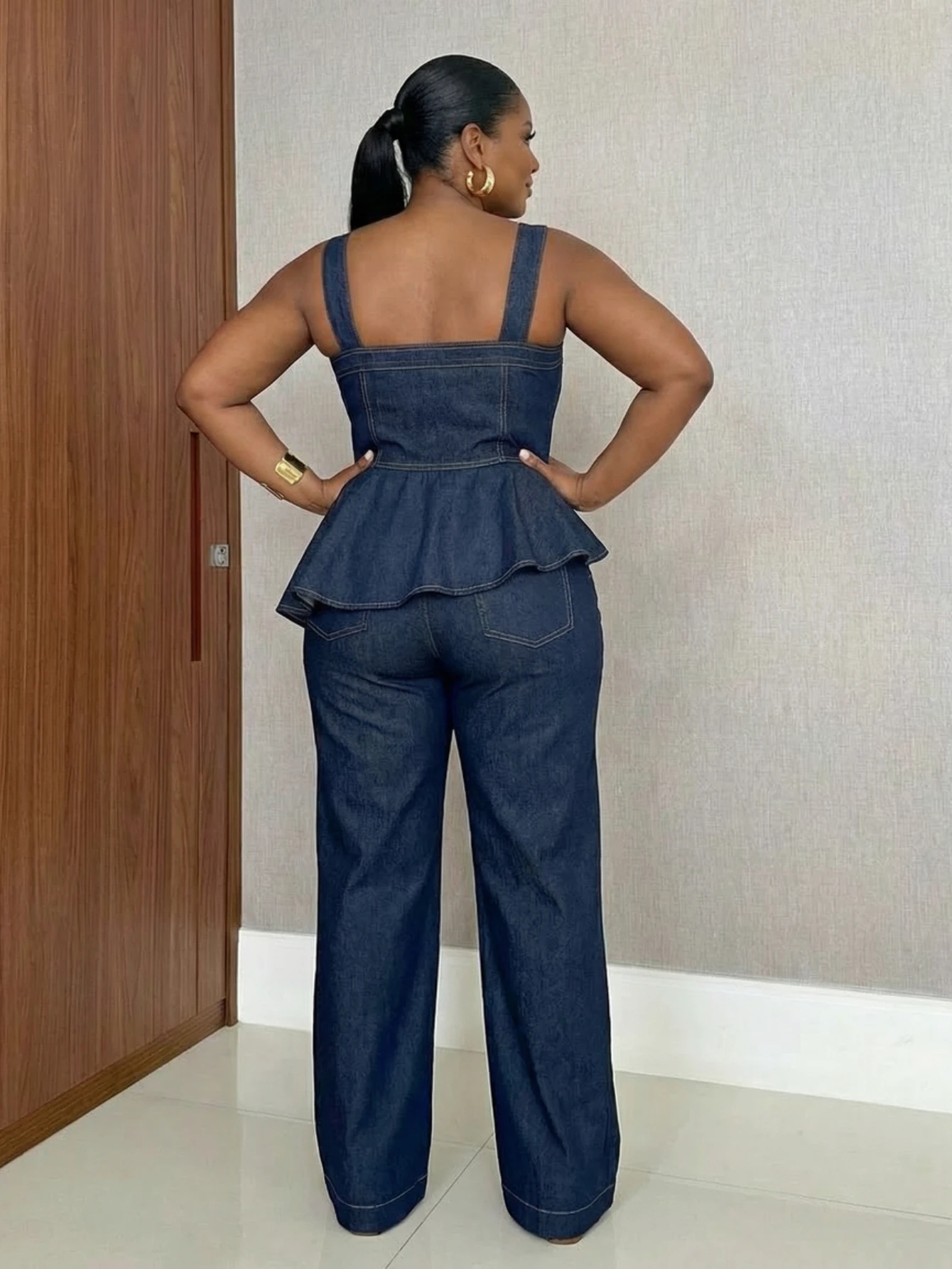 Women Plus Size Square Neck Peplum Top And Wide Leg Pants Set Sleeveless Button Decor Outfit For Daily Casual Occasion