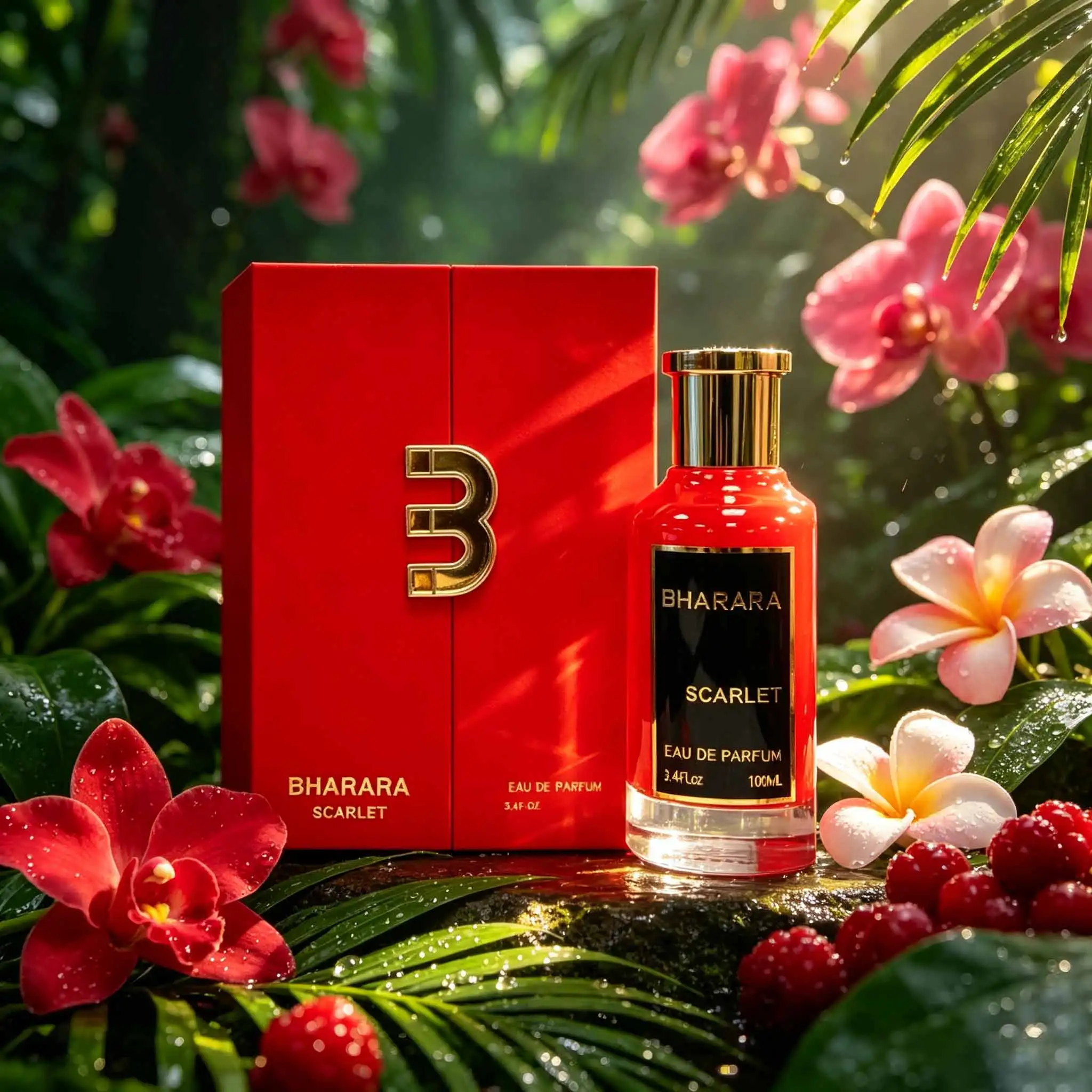 Bharara Scarlet, fiery red‑bottle perfume, berries & florals blended with amber patchouli, lush fruity‑oriental scent for women.