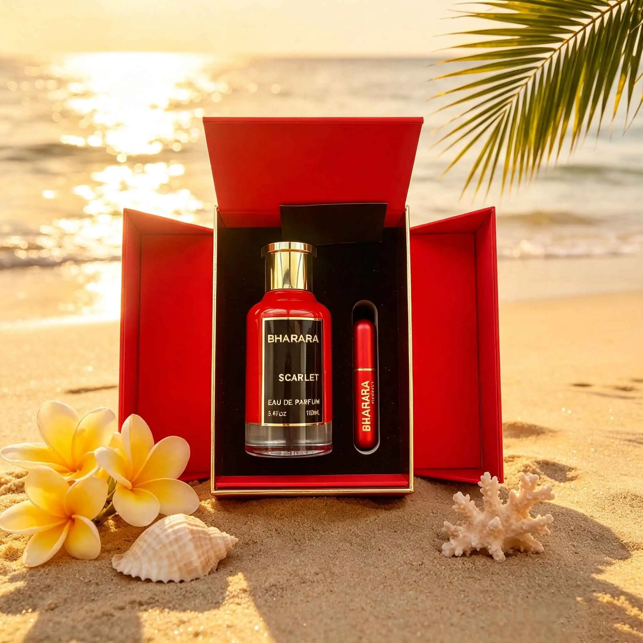 Bharara Scarlet, fiery red‑bottle perfume, berries & florals blended with amber patchouli, lush fruity‑oriental scent for women.