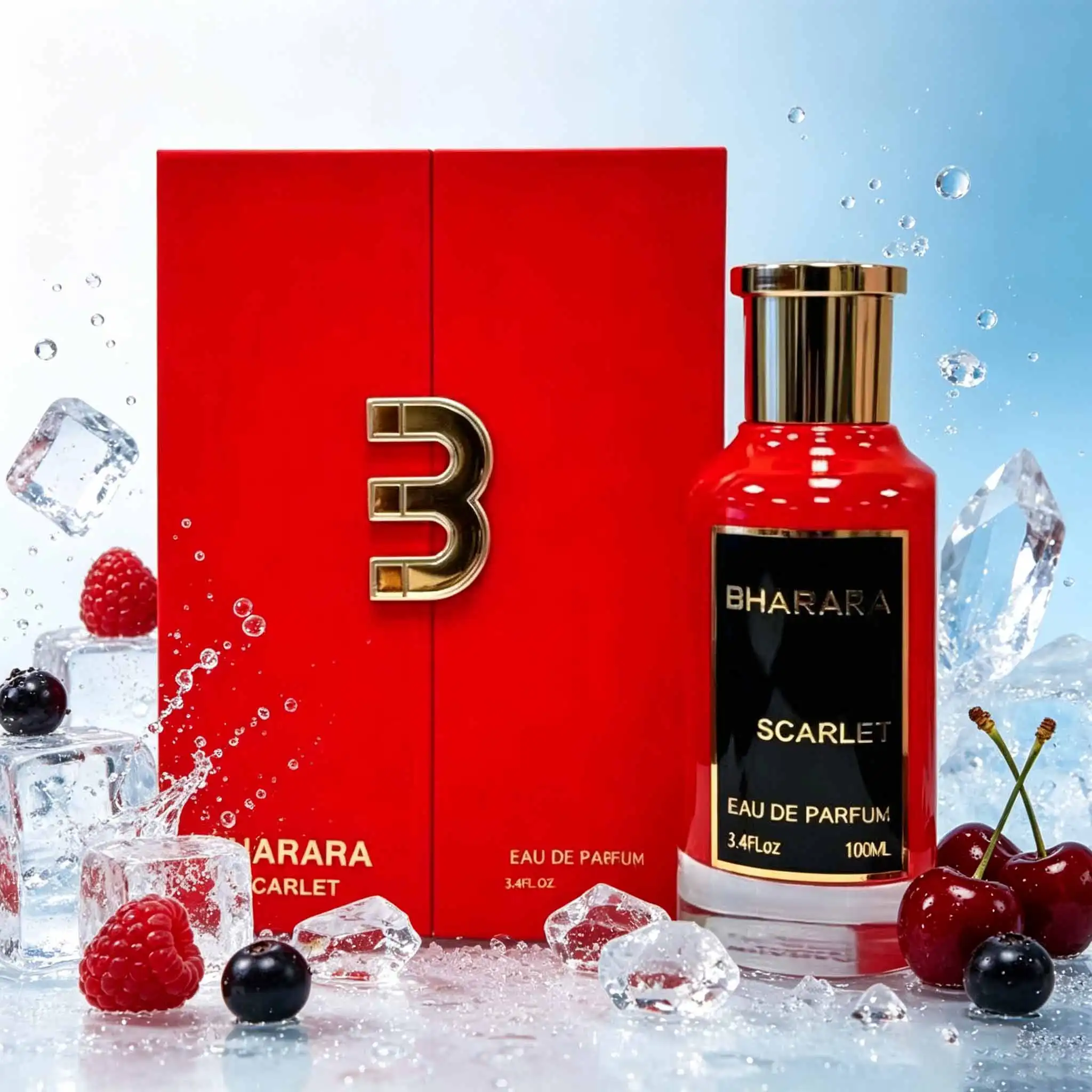 Bharara Scarlet, fiery red‑bottle perfume, berries & florals blended with amber patchouli, lush fruity‑oriental scent for women.